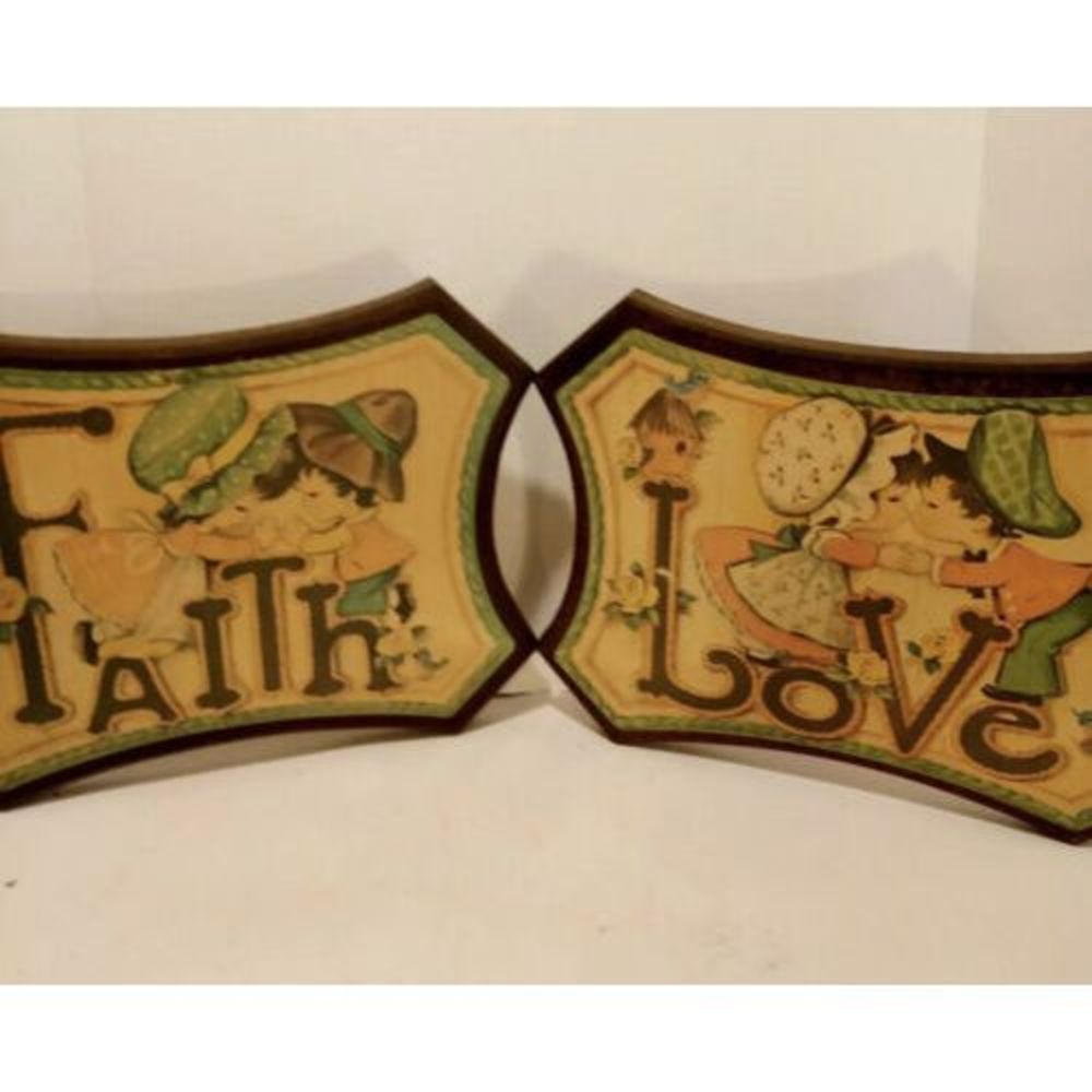 Vintage 1970's HOMCO  LOVE & FAITH WOOD WALL PLAQUES 13" x 10 "  - Home Interior